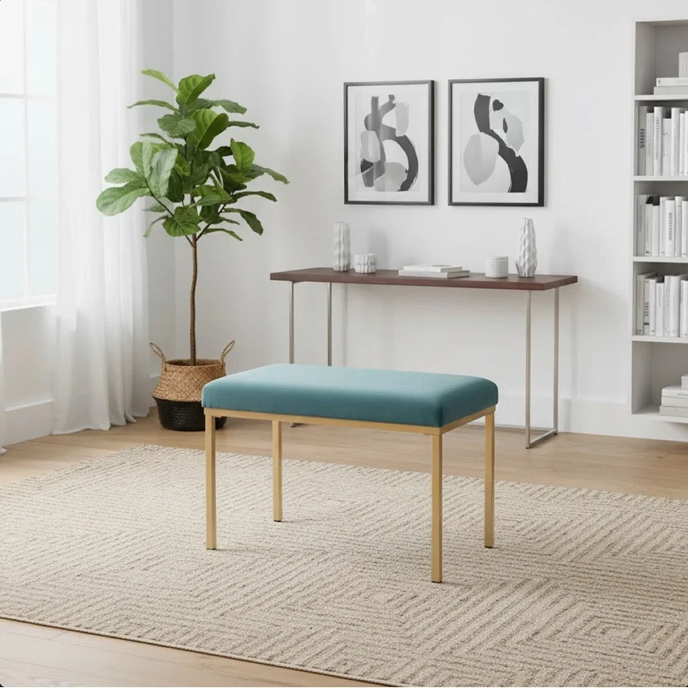 Rectangular Ottoman Footstool With Gold Metal Legs, Upholstered Accent Bench